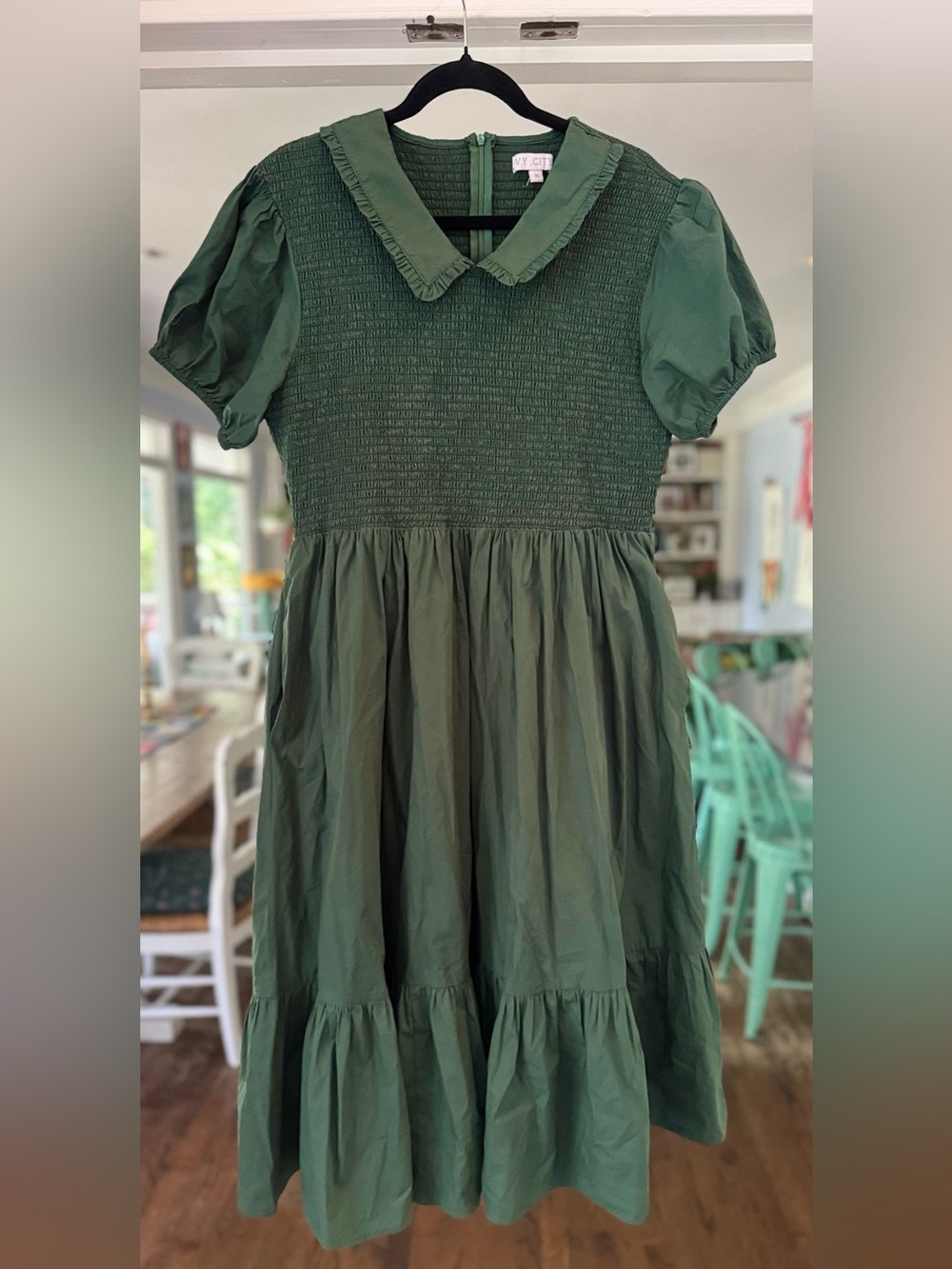 Ivy City Co Addie Dress Hunter Green Smocked Peter Pan Collar Puff Sleeve Midi